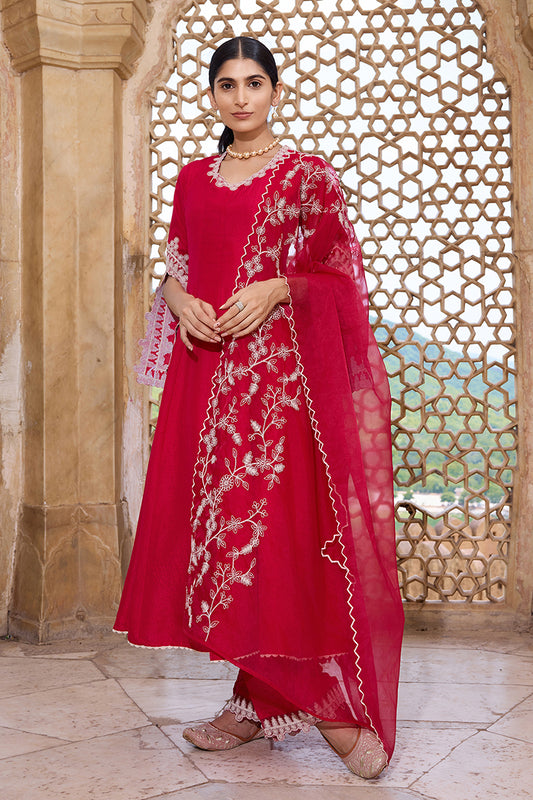 Fuchsia Silk Blend Solid Embroidered Flared Suit Set PKSKD2365