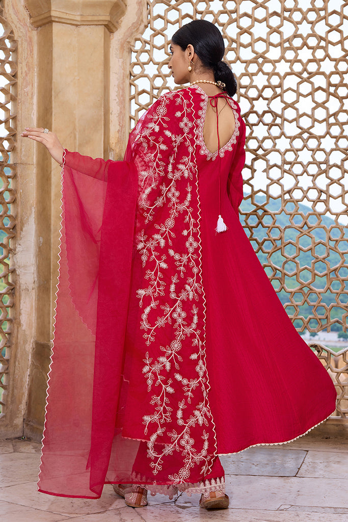 Fuchsia Silk Blend Solid Embroidered Flared Suit Set PKSKD2365