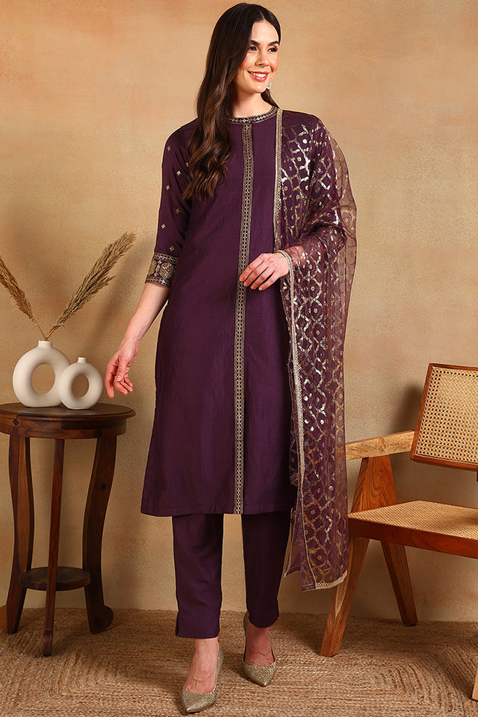 Purple Silk Blend Embroidered Straight Suit Set PKSKD2370