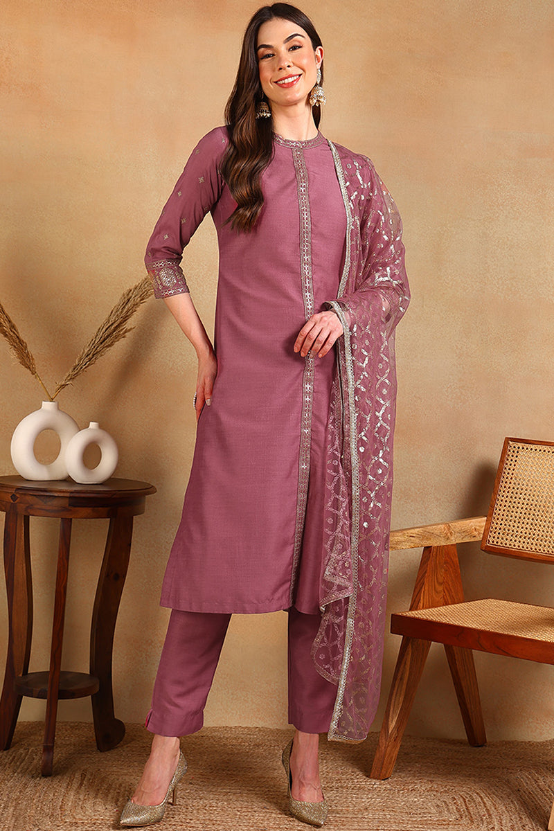 Pink Silk Blend Embroidered Straight Suit Set PKSKD2371