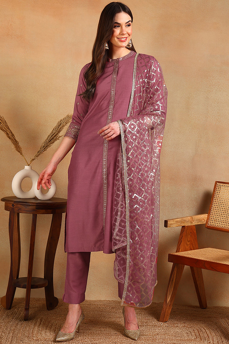 Pink Silk Blend Embroidered Straight Suit Set PKSKD2371