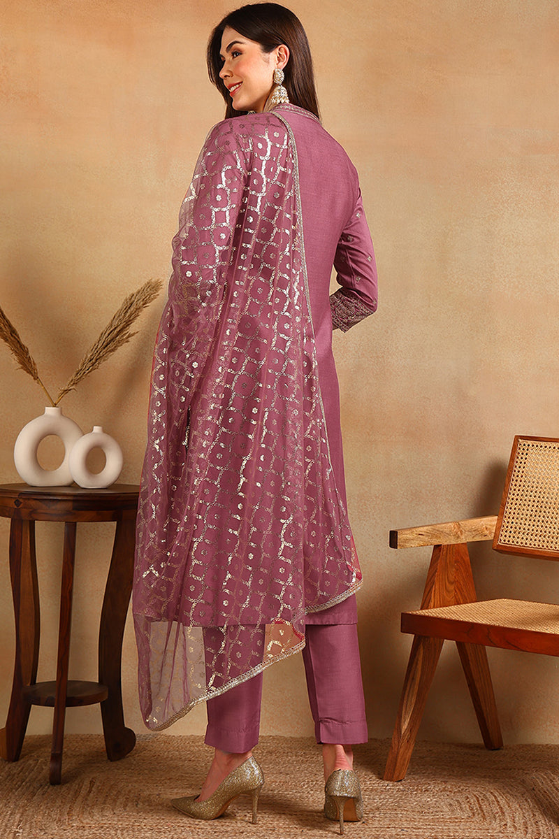 Pink Silk Blend Embroidered Straight Suit Set PKSKD2371