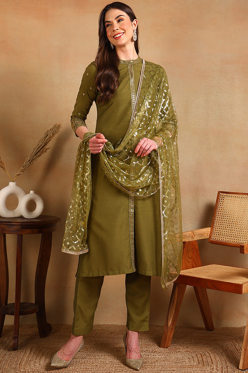 Olive Silk Blend Embroidered Straight Suit Set PKSKD2372