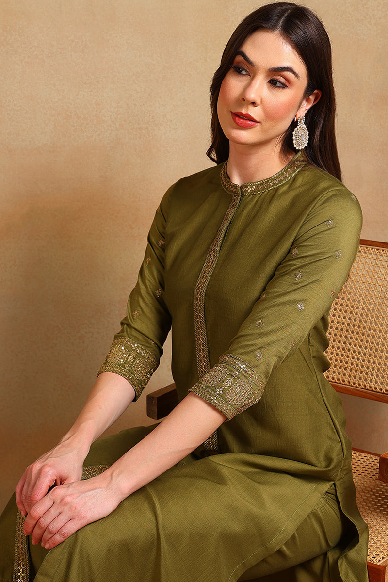 Olive Silk Blend Embroidered Straight Suit Set PKSKD2372