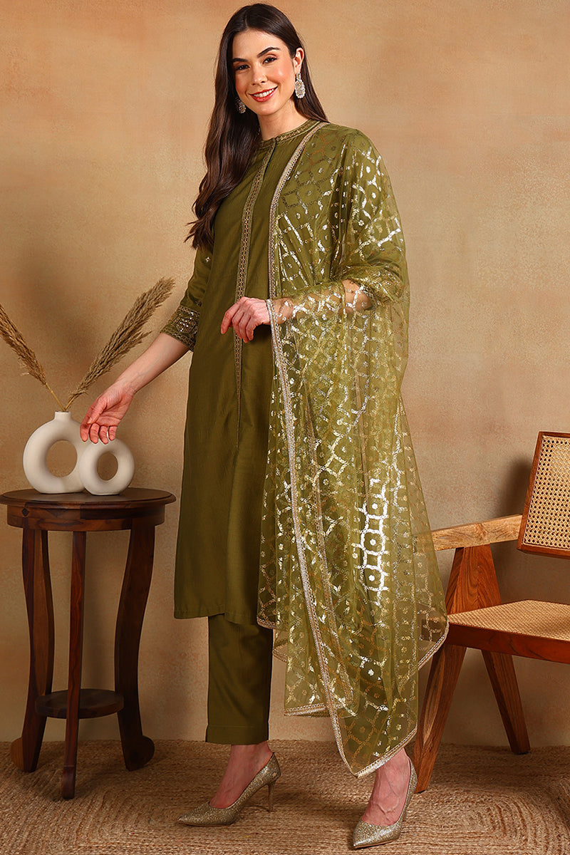 Olive Silk Blend Embroidered Straight Suit Set PKSKD2372