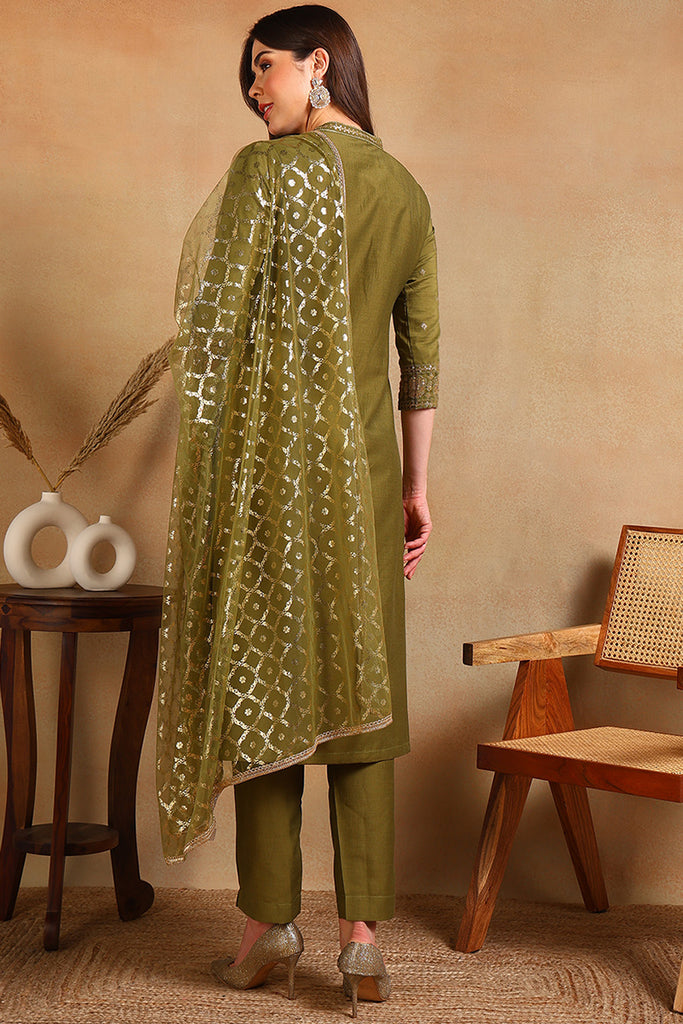 Olive Silk Blend Embroidered Straight Suit Set PKSKD2372