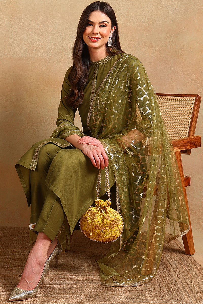 Olive Silk Blend Embroidered Straight Suit Set PKSKD2372