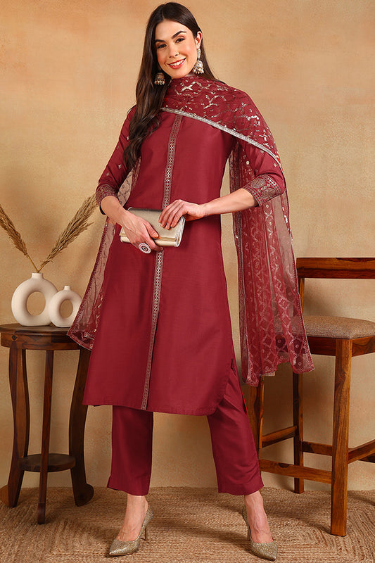 Red Silk Blend Embroidered Straight Suit Set PKSKD2373