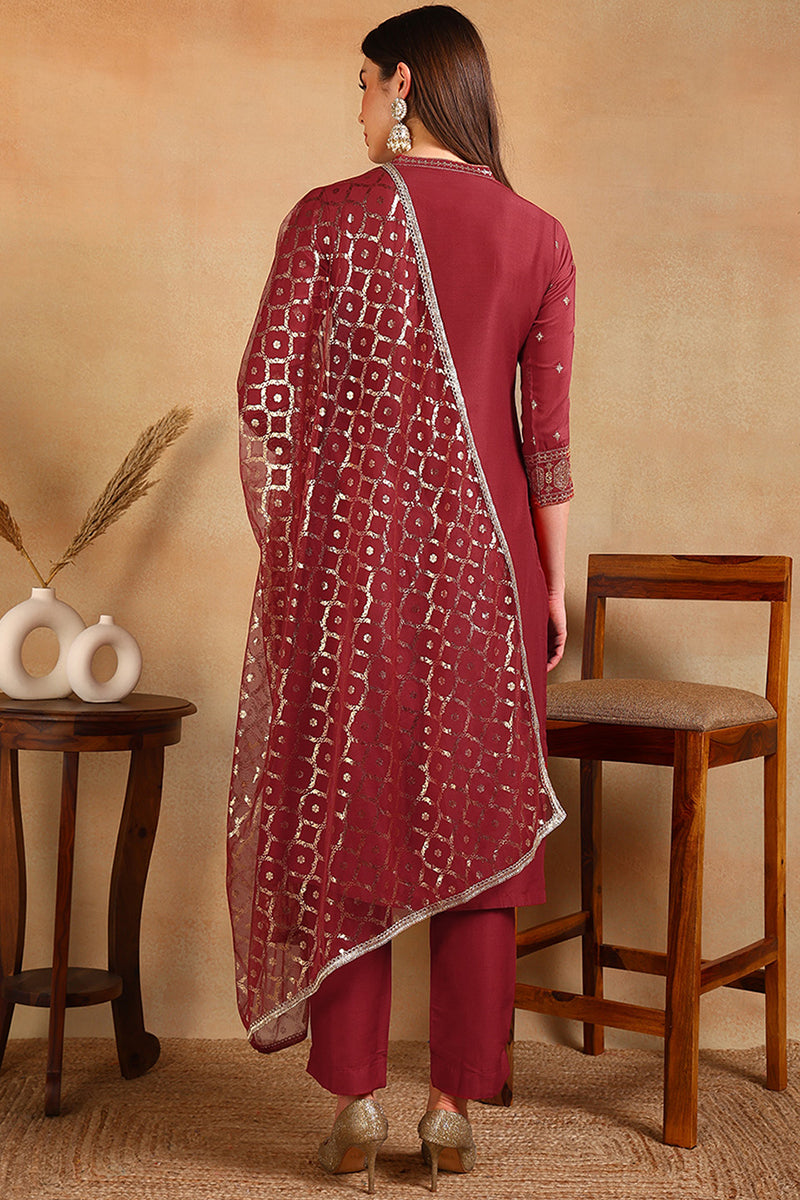 Red Silk Blend Embroidered Straight Suit Set PKSKD2373