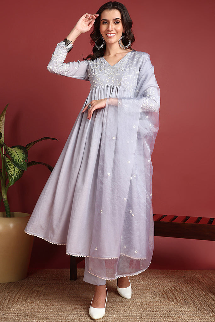 Grey Cotton Blend Solid Embroidered A-Line Suit Set PKSKD2376