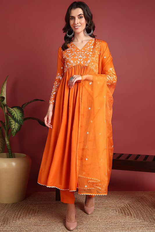 Orange Cotton Blend Solid Embroidered A-Line Suit Set PKSKD2377