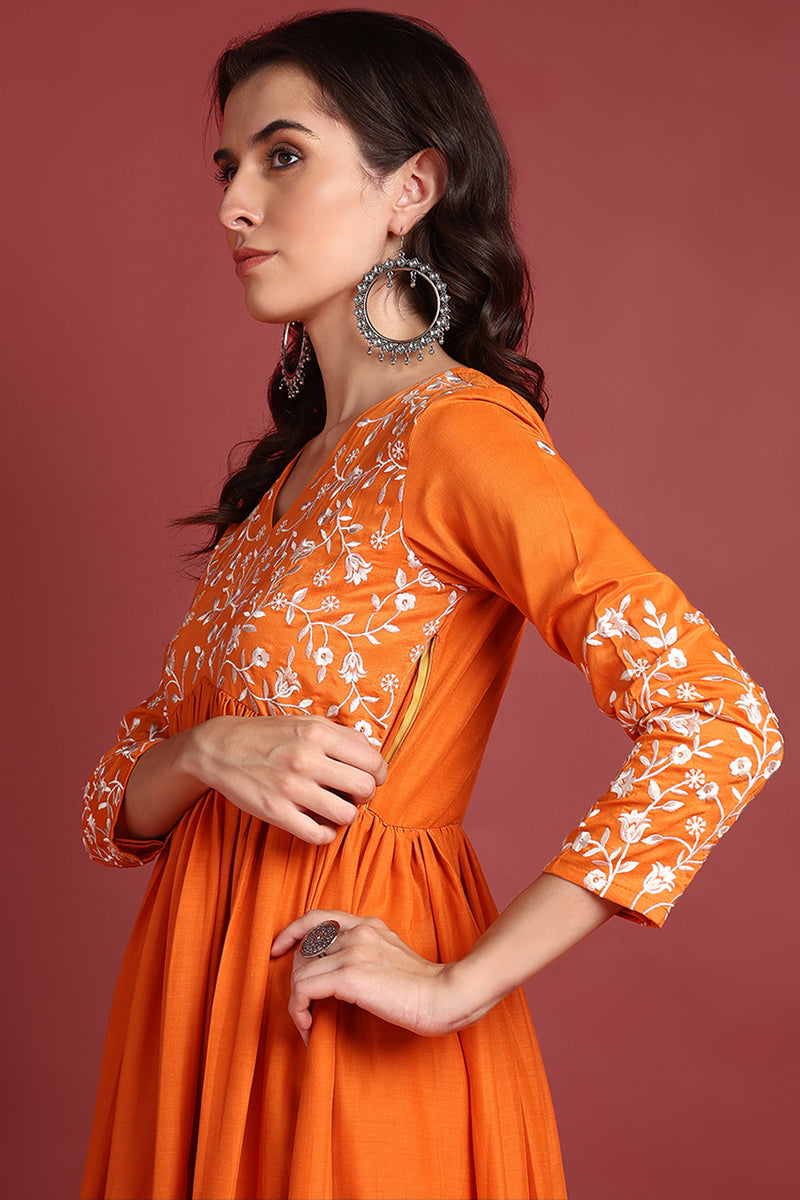 Orange Cotton Blend Solid Embroidered A-Line Suit Set PKSKD2377