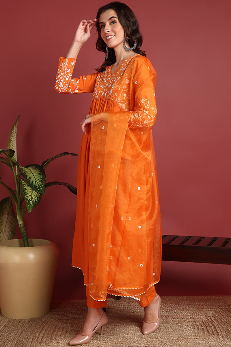 Orange Cotton Blend Solid Embroidered A-Line Suit Set PKSKD2377