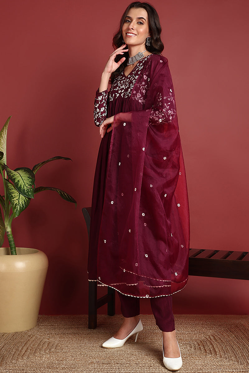 Burgundy Cotton Blend Solid Embroidered A-Line Suit Set PKSKD2378