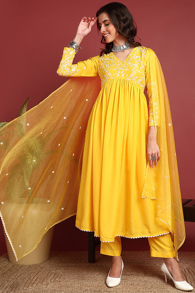 Yellow Cotton Blend Solid Embroidered A-Line Suit Set PKSKD2379