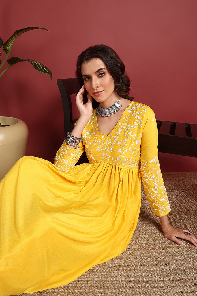 Yellow Cotton Blend Solid Embroidered A-Line Suit Set PKSKD2379