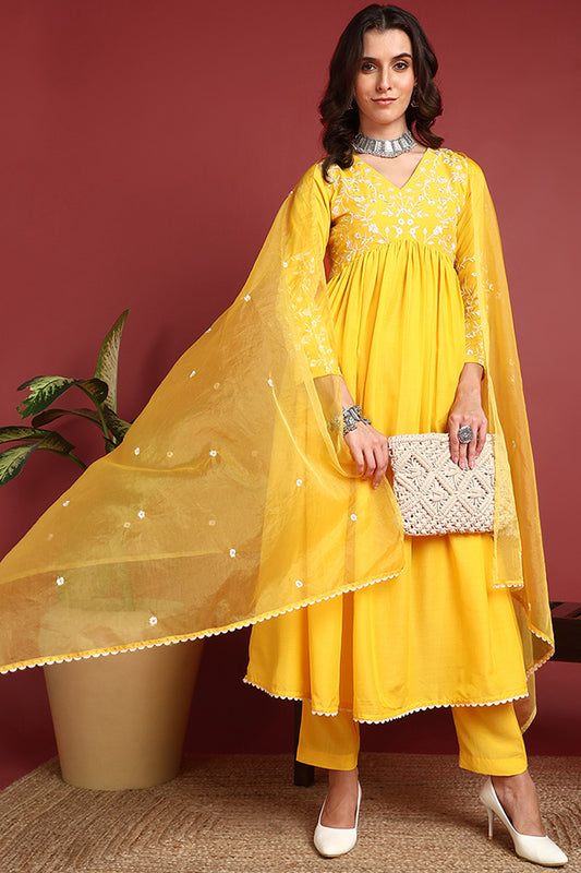 Yellow Cotton Blend Solid Embroidered A-Line Suit Set PKSKD2379