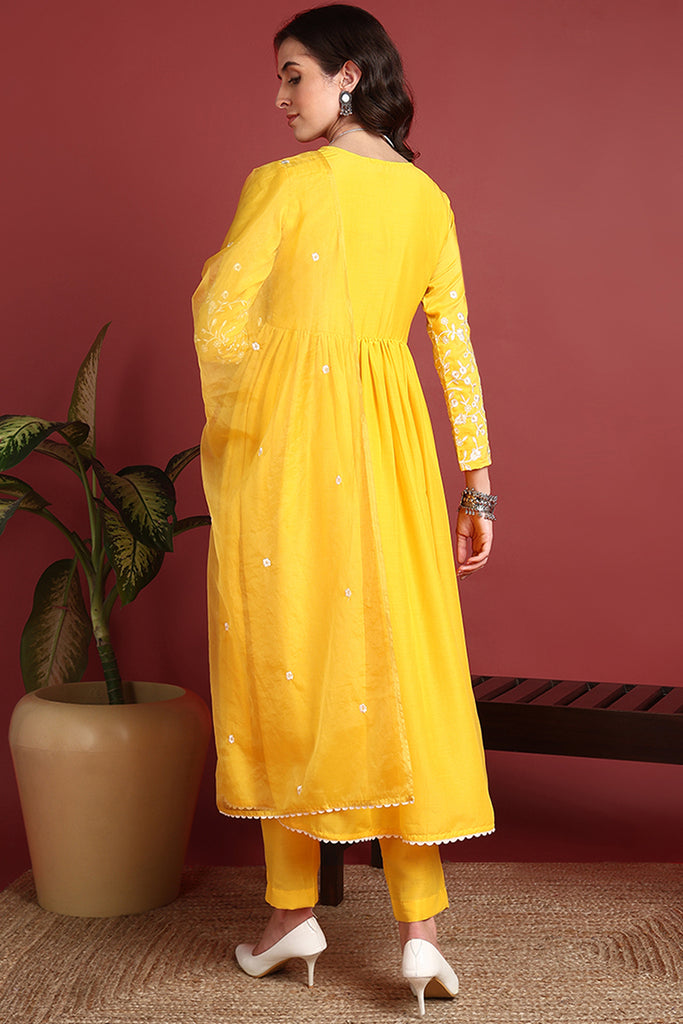 Yellow Cotton Blend Solid Embroidered A-Line Suit Set PKSKD2379