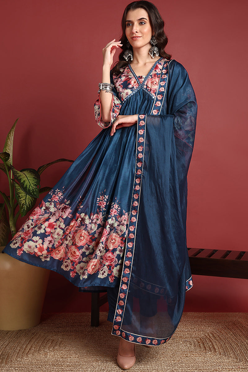 Blue Silk Blend Floral Printed A-Line Suit Set PKSKD2382