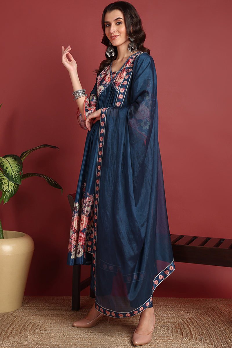 Blue Silk Blend Floral Printed A-Line Suit Set PKSKD2382