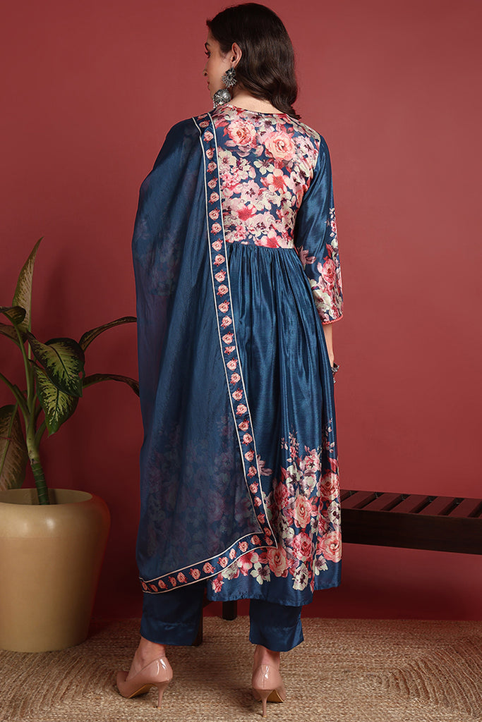 Blue Silk Blend Floral Printed A-Line Suit Set PKSKD2382