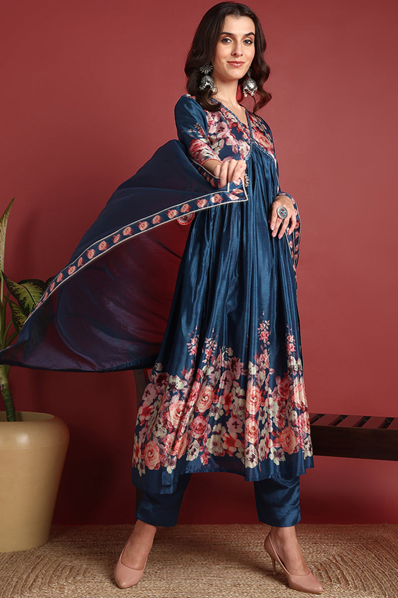 Blue Silk Blend Floral Printed A-Line Suit Set PKSKD2382