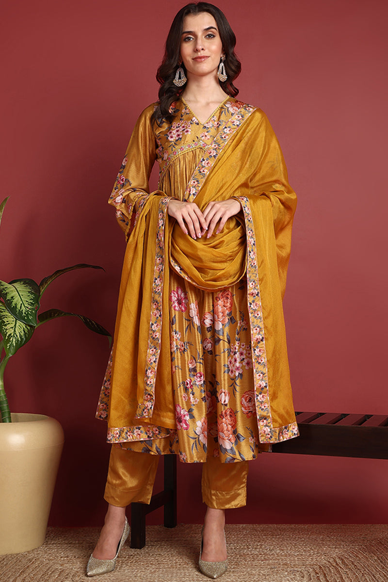 Mustard Silk Blend Floral Printed A-Line Suit Set PKSKD2383