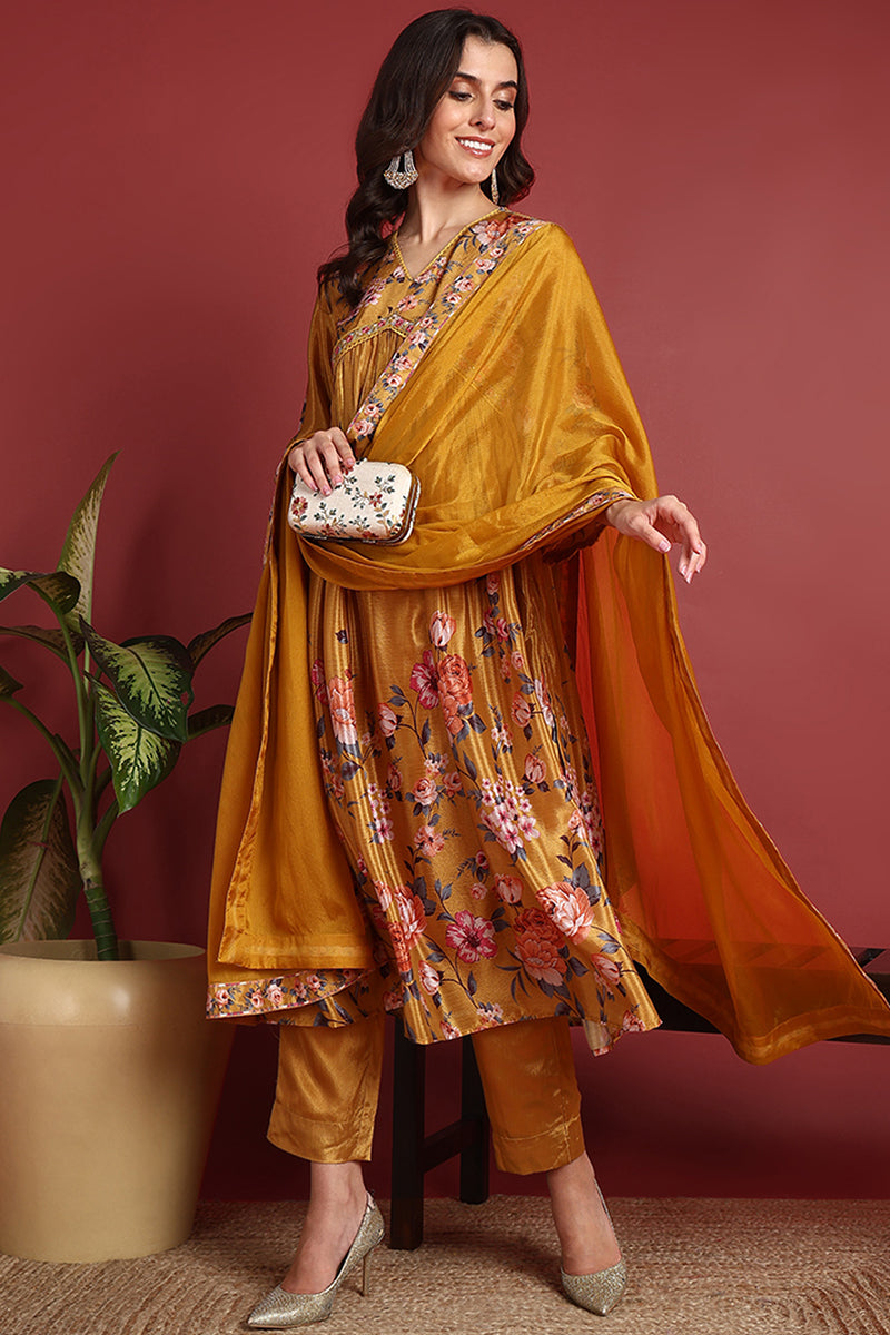 Mustard Silk Blend Floral Printed A-Line Suit Set PKSKD2383