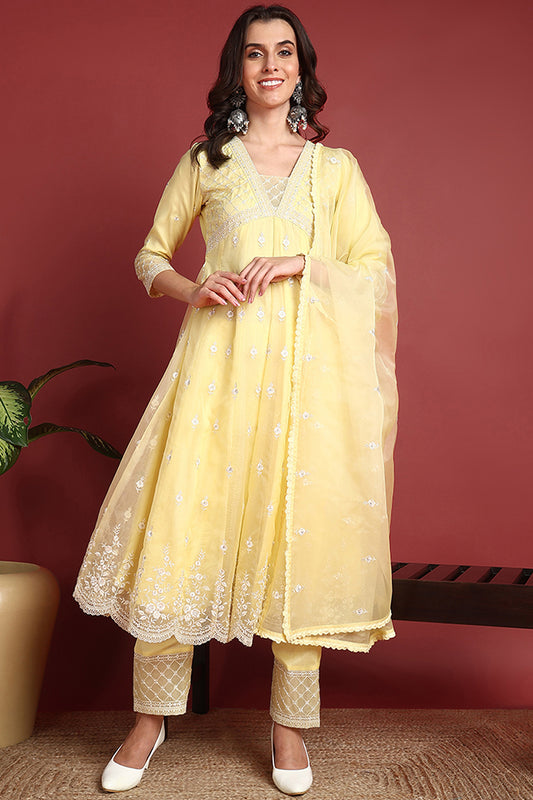 Yellow Organza Solid Embroidered Anarkali Suit Set PKSKD2385