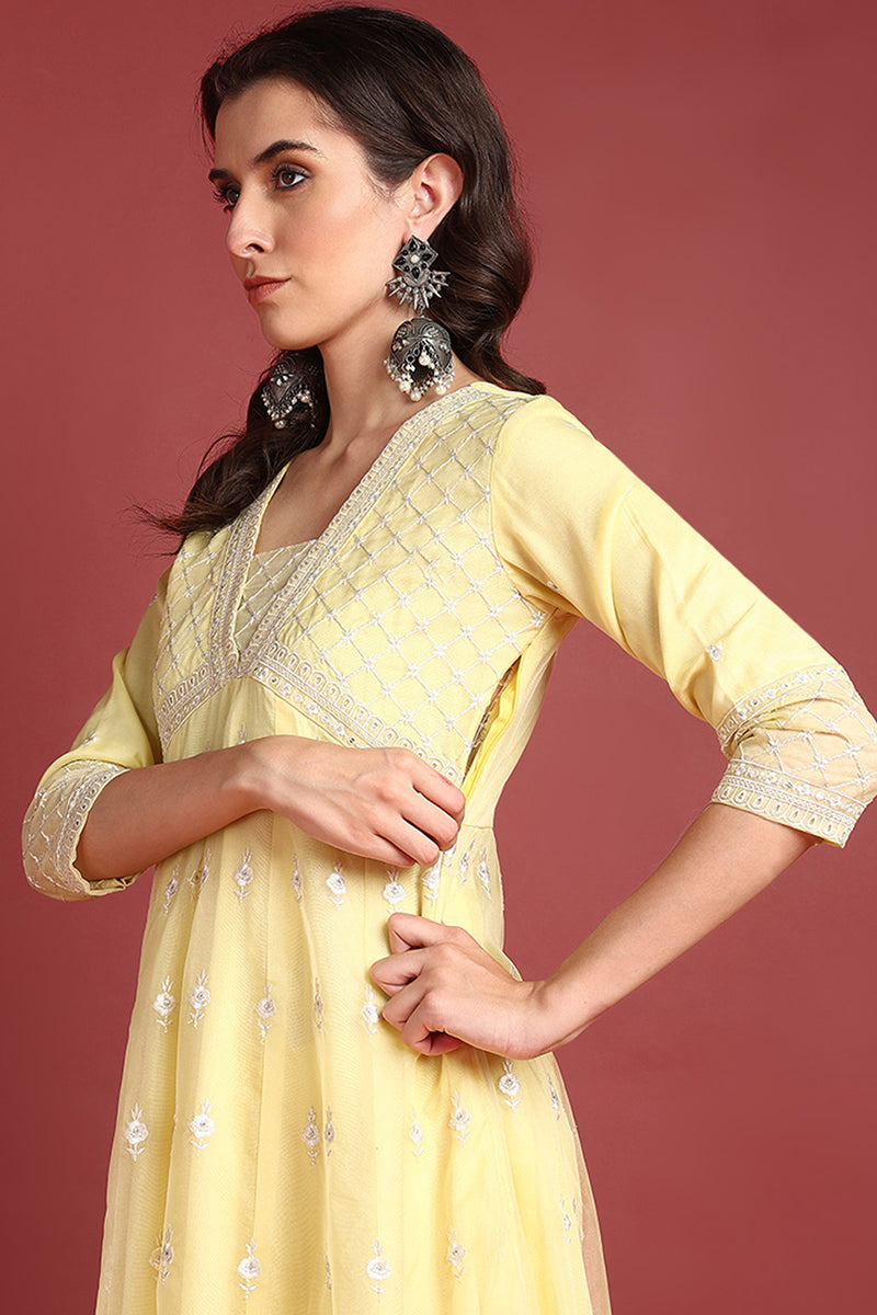 Yellow Organza Solid Embroidered Anarkali Suit Set PKSKD2385