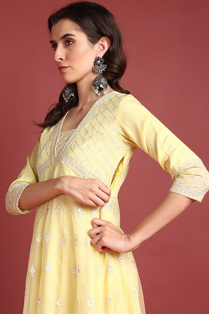 Yellow Organza Solid Embroidered Anarkali Suit Set PKSKD2385