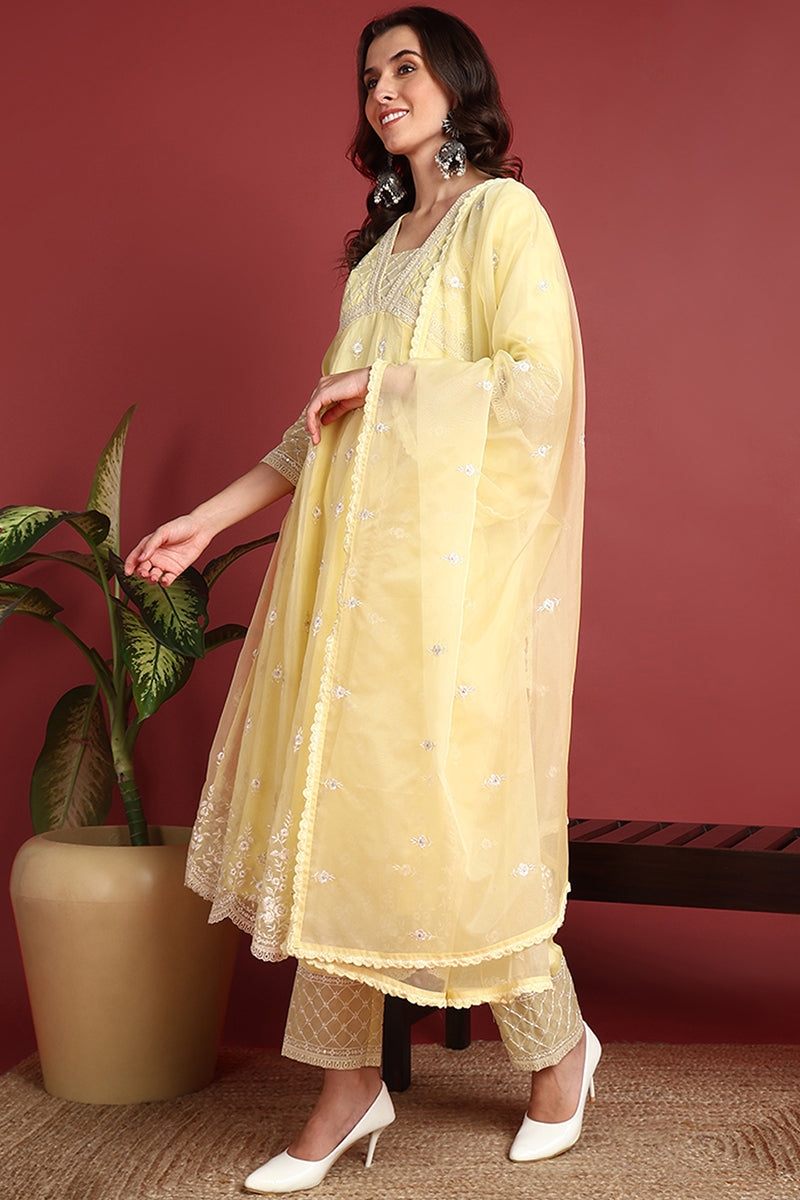Yellow Organza Solid Embroidered Anarkali Suit Set PKSKD2385