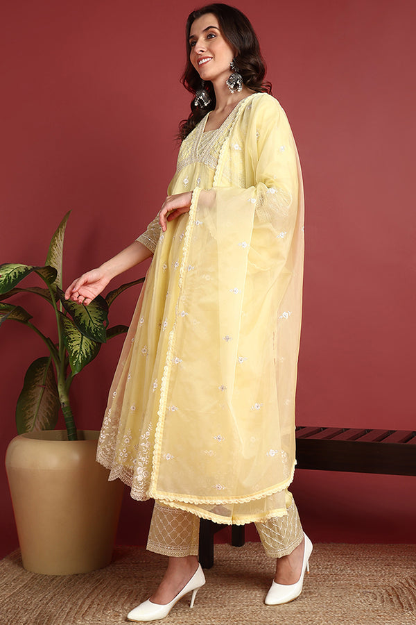 Yellow Organza Solid Embroidered Anarkali Suit Set PKSKD2385