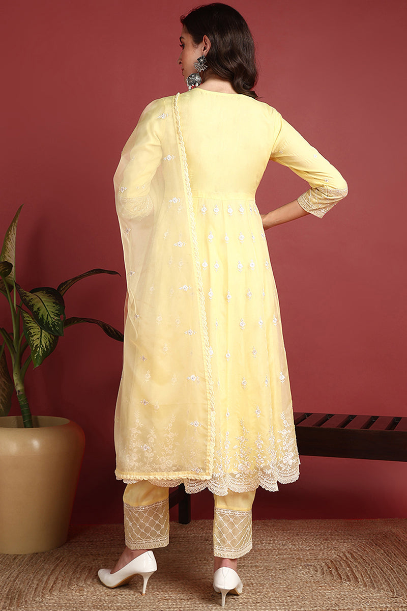 Yellow Organza Solid Embroidered Anarkali Suit Set PKSKD2385