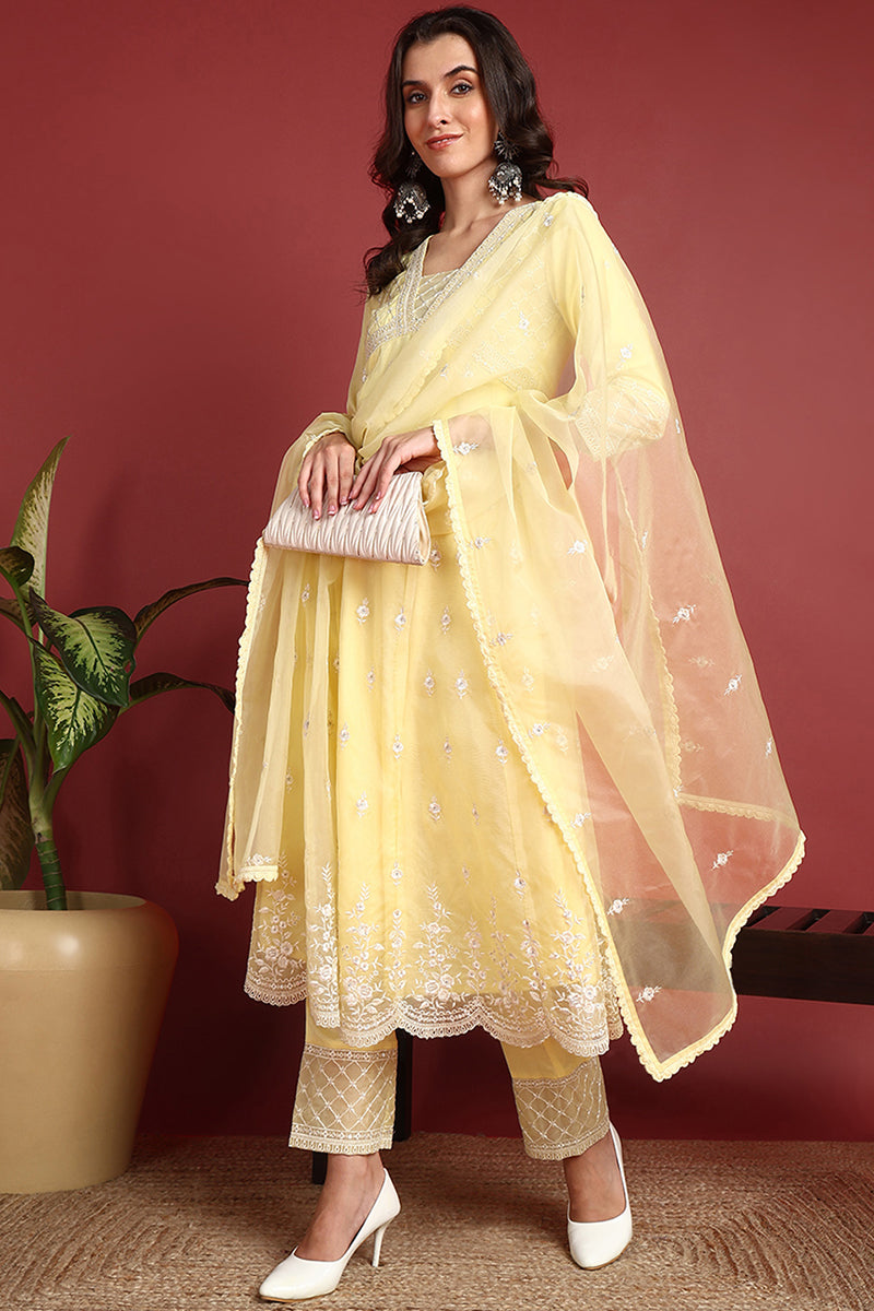 Yellow Organza Solid Embroidered Anarkali Suit Set PKSKD2385