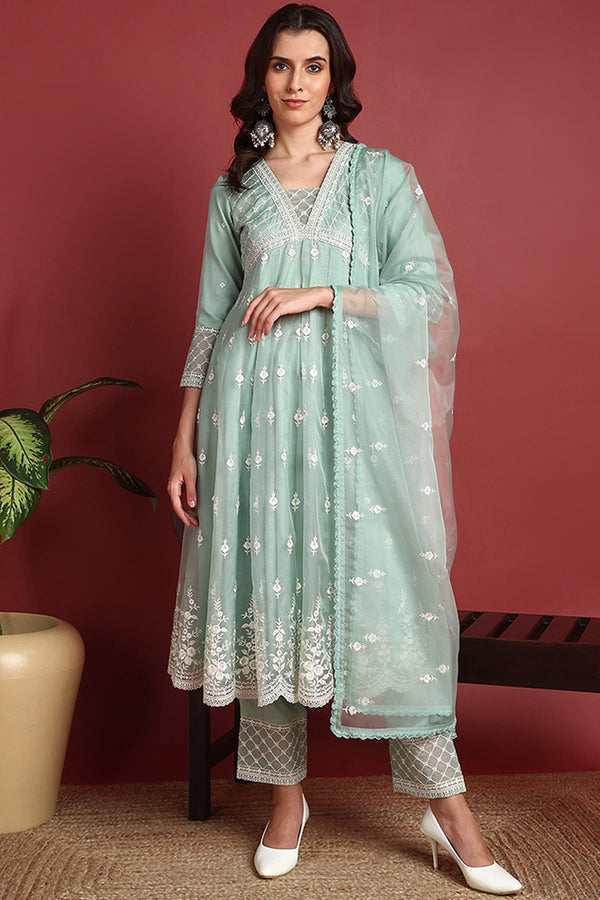 Sea Green Organza Solid Embroidered Anarkali Suit Set PKSKD2386