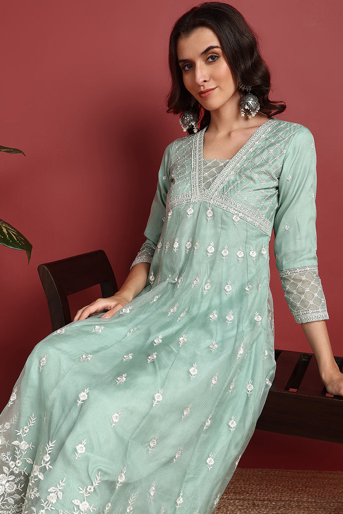 Sea Green Organza Solid Embroidered Anarkali Suit Set PKSKD2386