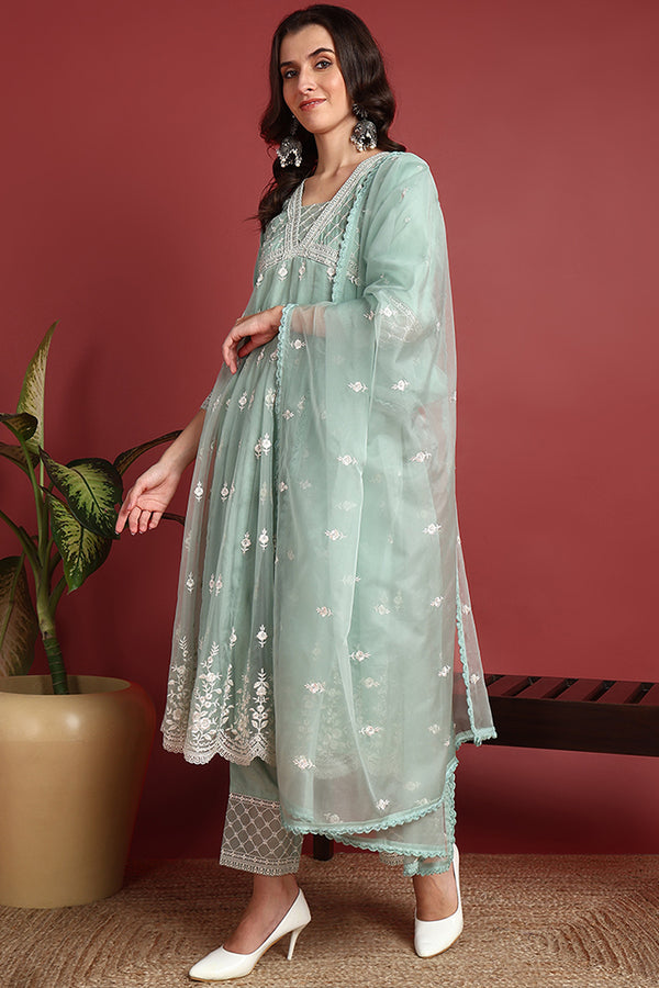 Sea Green Organza Solid Embroidered Anarkali Suit Set PKSKD2386