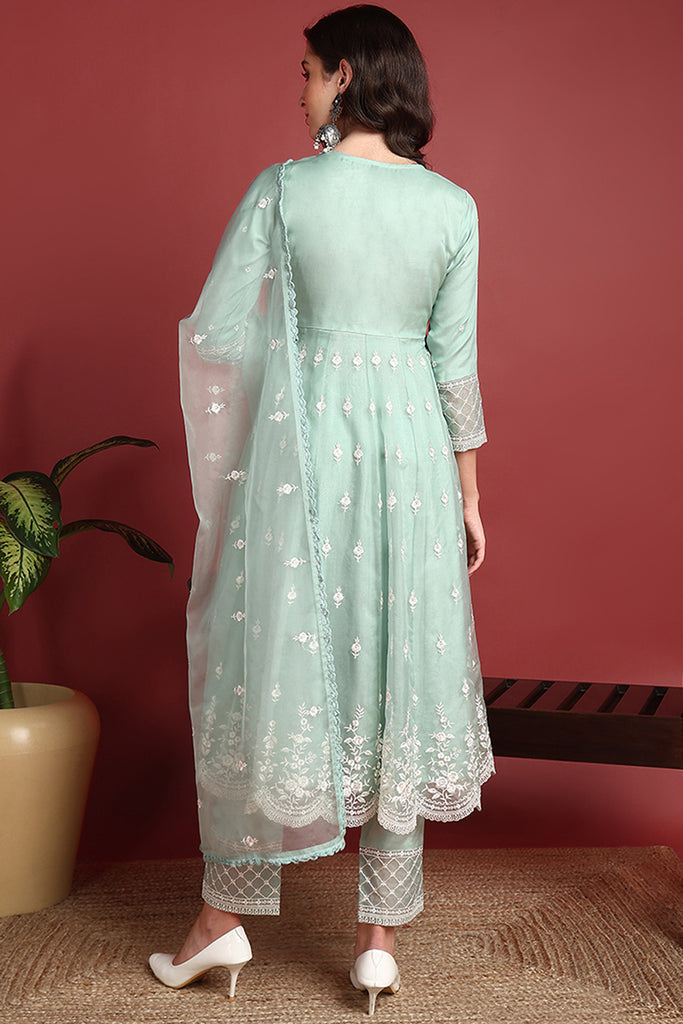 Sea Green Organza Solid Embroidered Anarkali Suit Set PKSKD2386