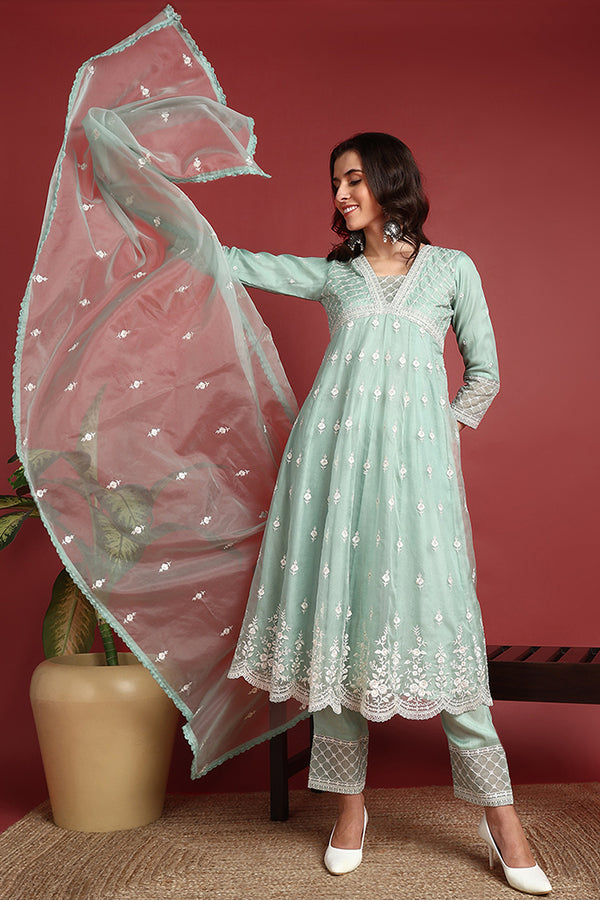 Sea Green Organza Solid Embroidered Anarkali Suit Set PKSKD2386