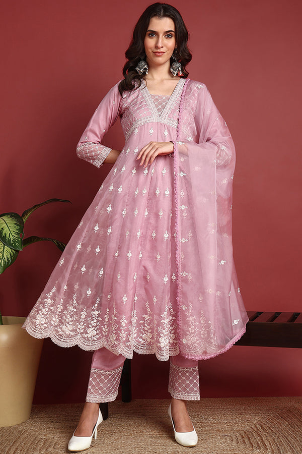 Pink Organza Solid Embroidered Anarkali Suit Set PKSKD2387