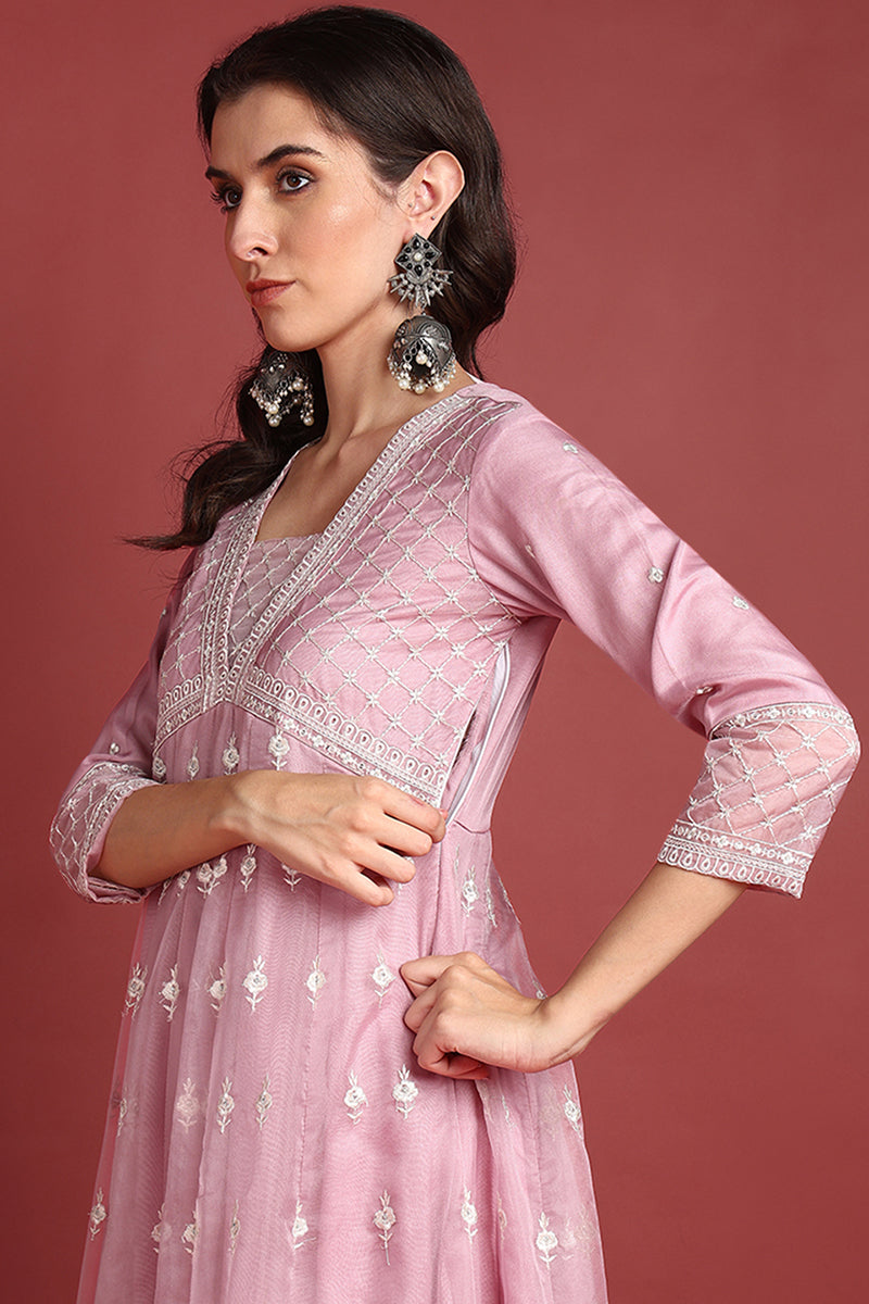 Pink Organza Solid Embroidered Anarkali Suit Set PKSKD2387