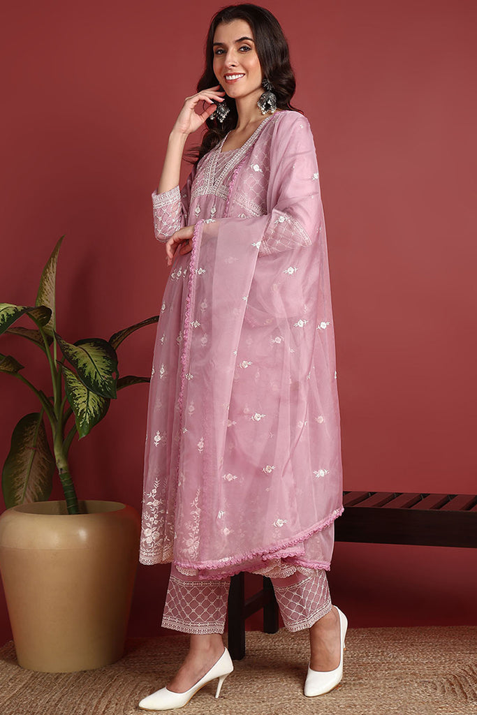 Pink Organza Solid Embroidered Anarkali Suit Set PKSKD2387