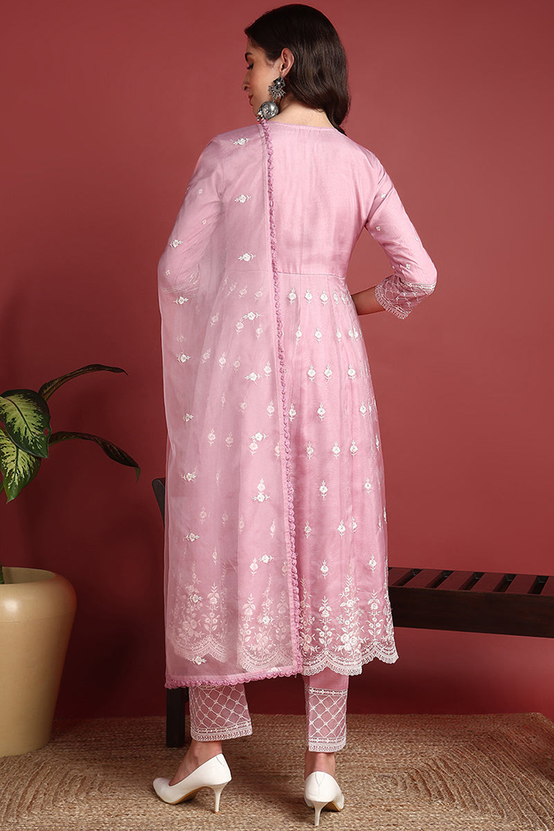 Pink Organza Solid Embroidered Anarkali Suit Set PKSKD2387