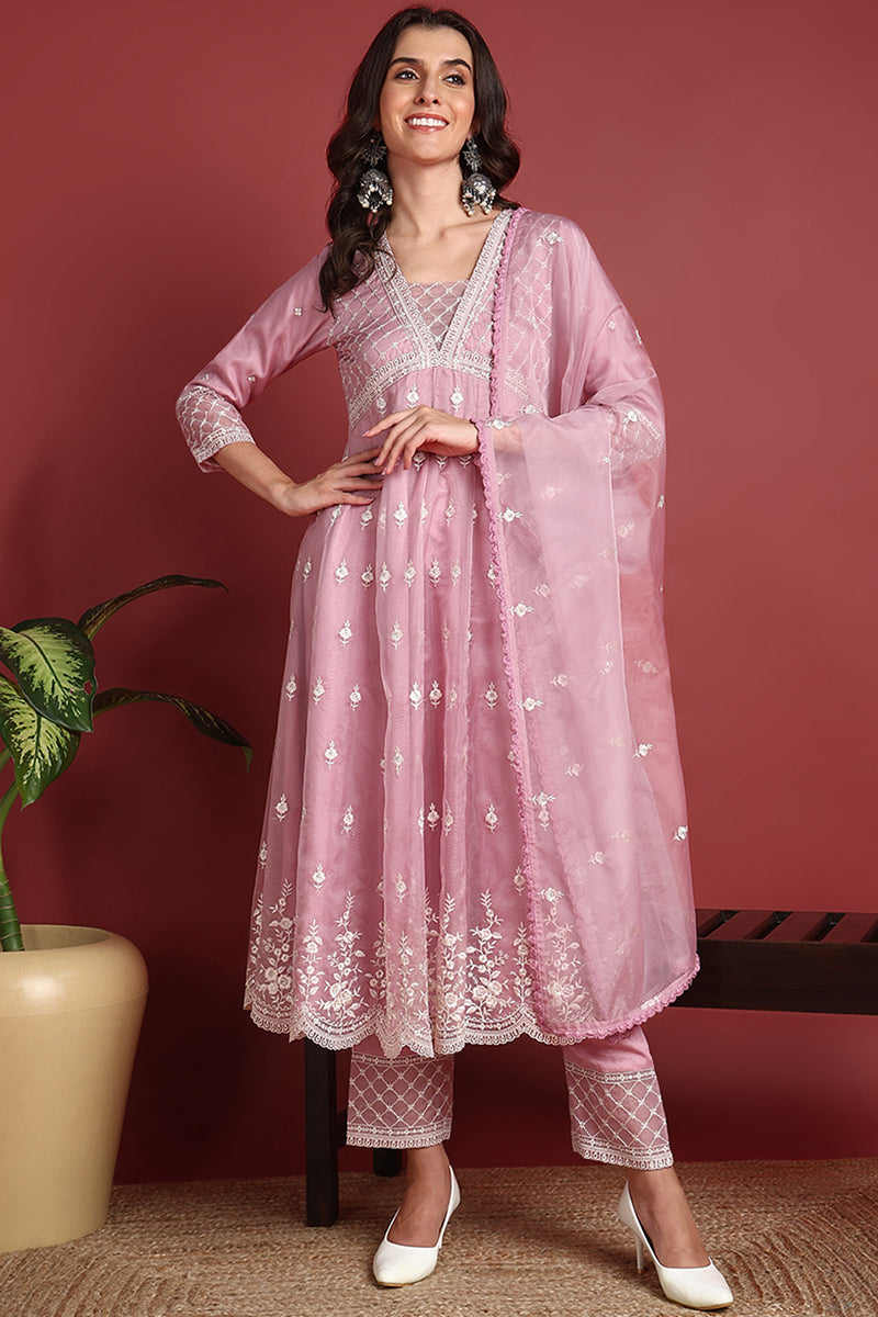 Pink Organza Solid Embroidered Anarkali Suit Set PKSKD2387