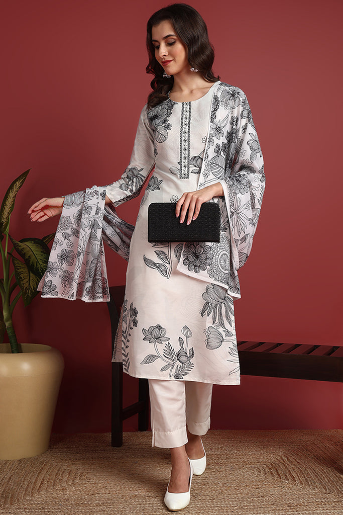 Off White Silk Blend Floral Printed Straight Suit Set PKSKD2391