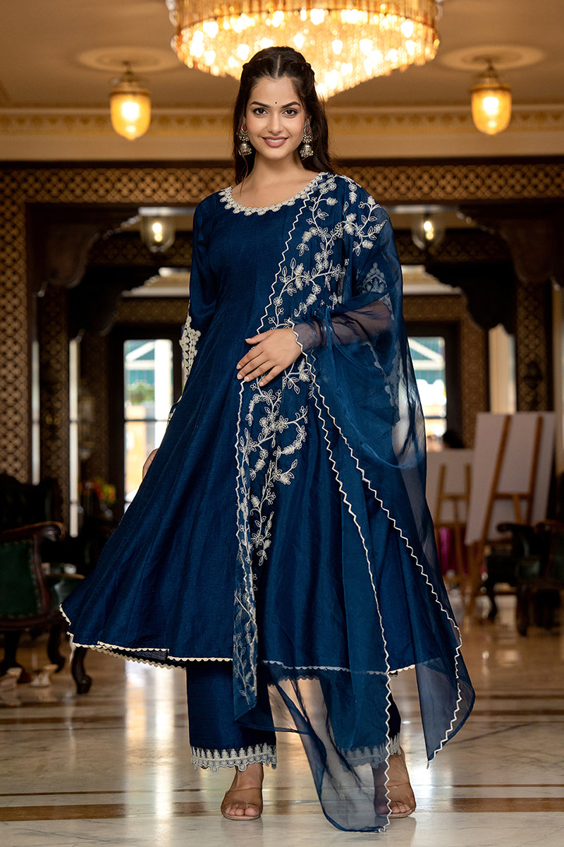 Blue Silk Blend Solid Embroidered Anarkali Kurta Palazzo With Dupatta PKSKD2397