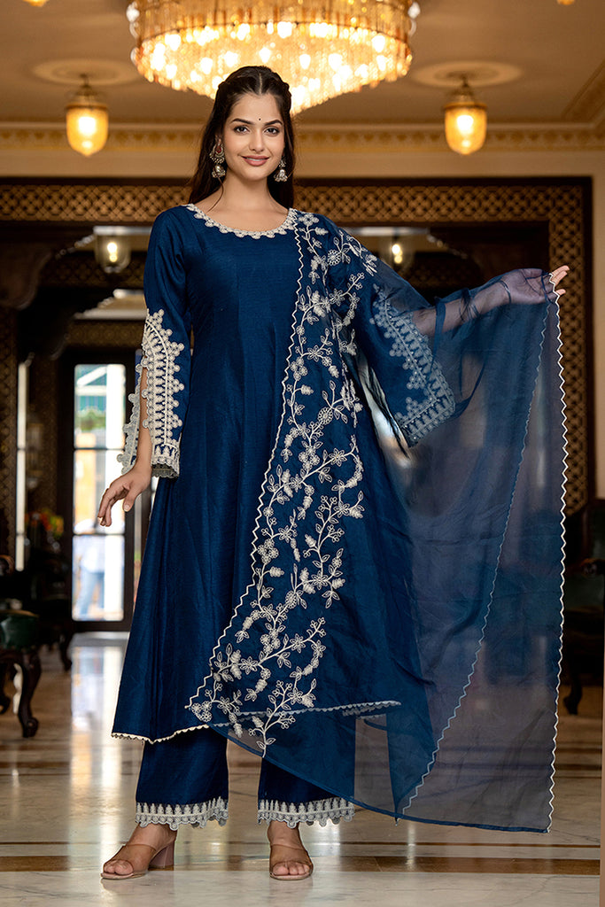 Blue Silk Blend Solid Embroidered Anarkali Kurta Palazzo With Dupatta PKSKD2397