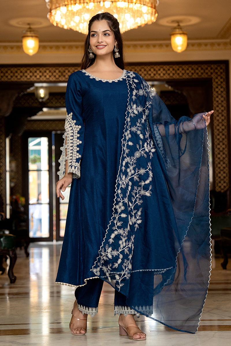 Blue Silk Blend Solid Embroidered Anarkali Kurta Palazzo With Dupatta PKSKD2397