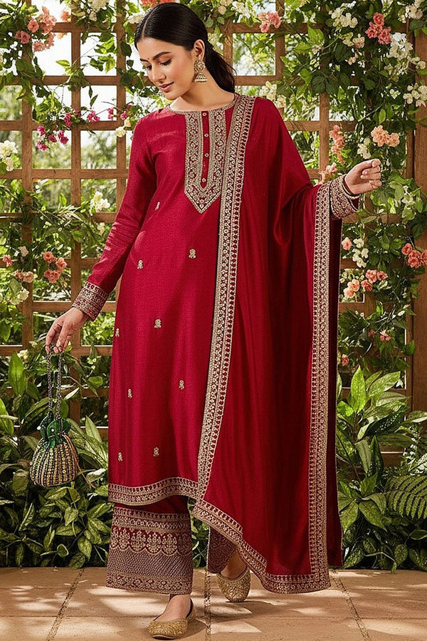 Red Silk Blend Solid Embroidered Straight Palazzo Suit Set PKSKD2399